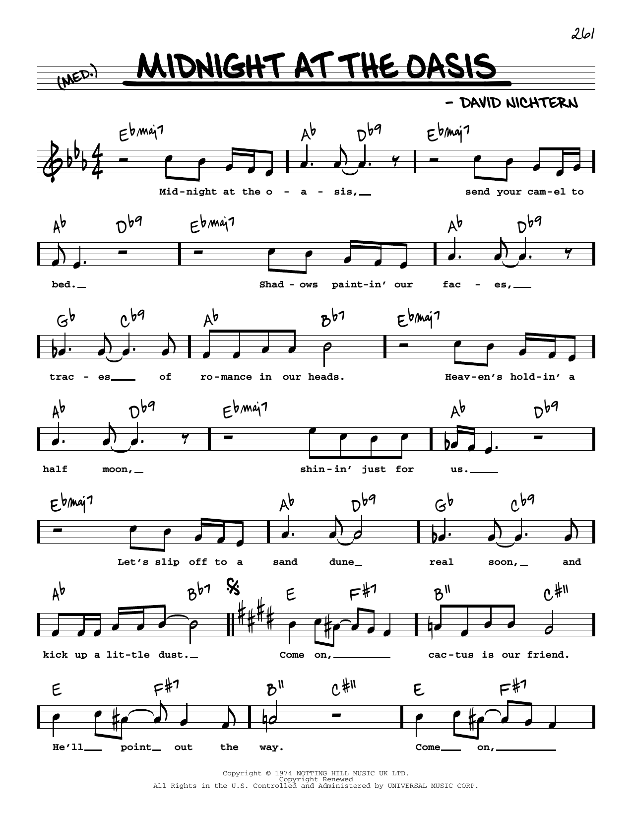 Download David Nichtern Midnight At The Oasis (High Voice) Sheet Music and learn how to play Real Book – Melody, Lyrics & Chords PDF digital score in minutes