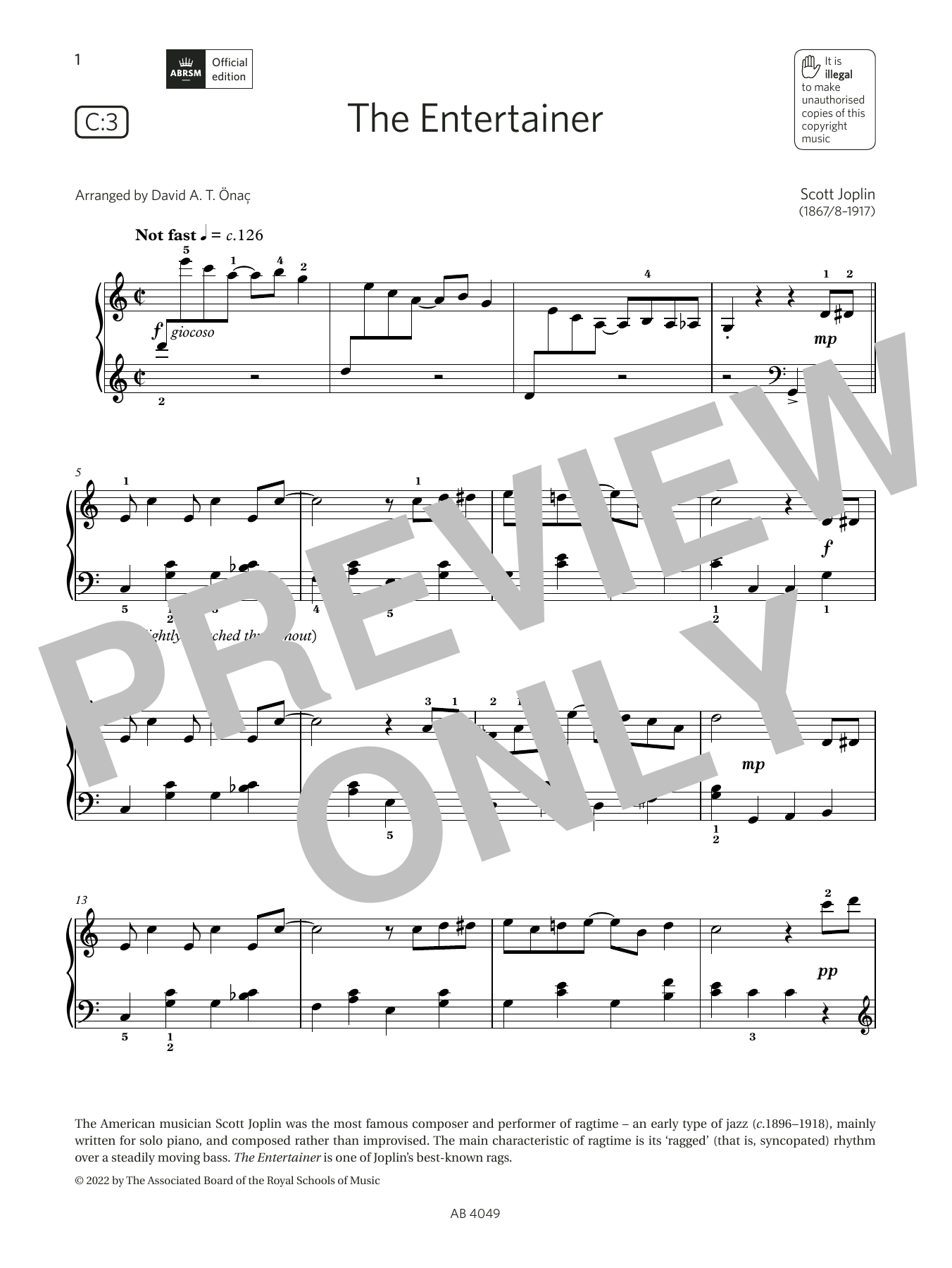 Download David Önac The Entertainer (Grade 3, list C3, from the ABRSM Piano Syllabus 2023 & 2024) Sheet Music and learn how to play Piano Solo PDF digital score in minutes