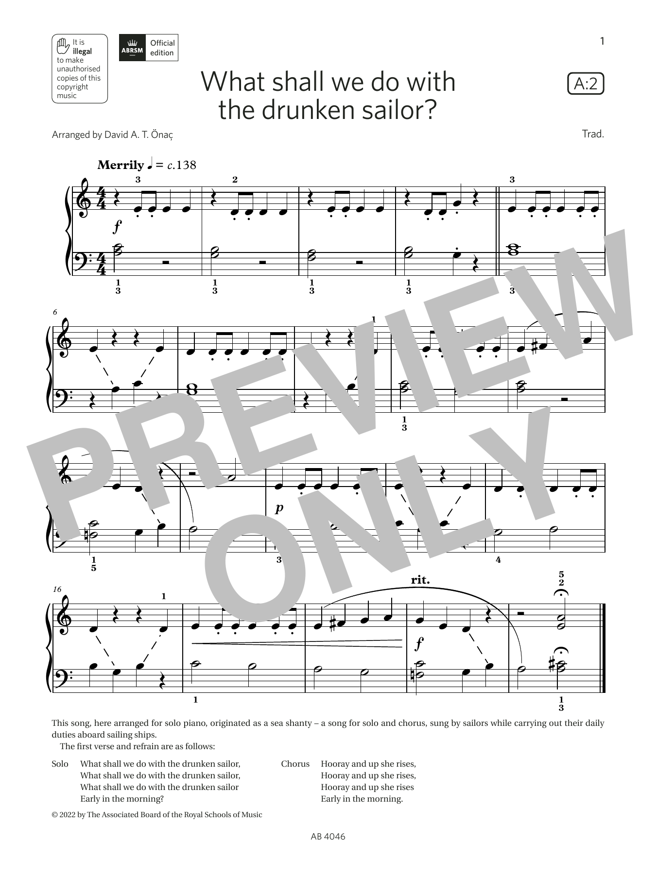Download David Önac What shall we do with the drunken sailor? (Grade Initial, list A2, ABRSM Piano S Sheet Music and learn how to play Piano Solo PDF digital score in minutes