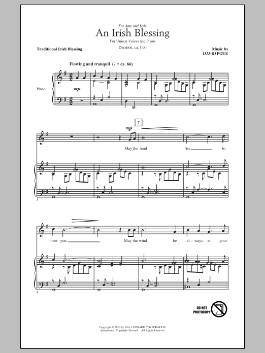 Download David Pote An Irish Blessing Sheet Music and learn how to play Unison Voice PDF digital score in minutes