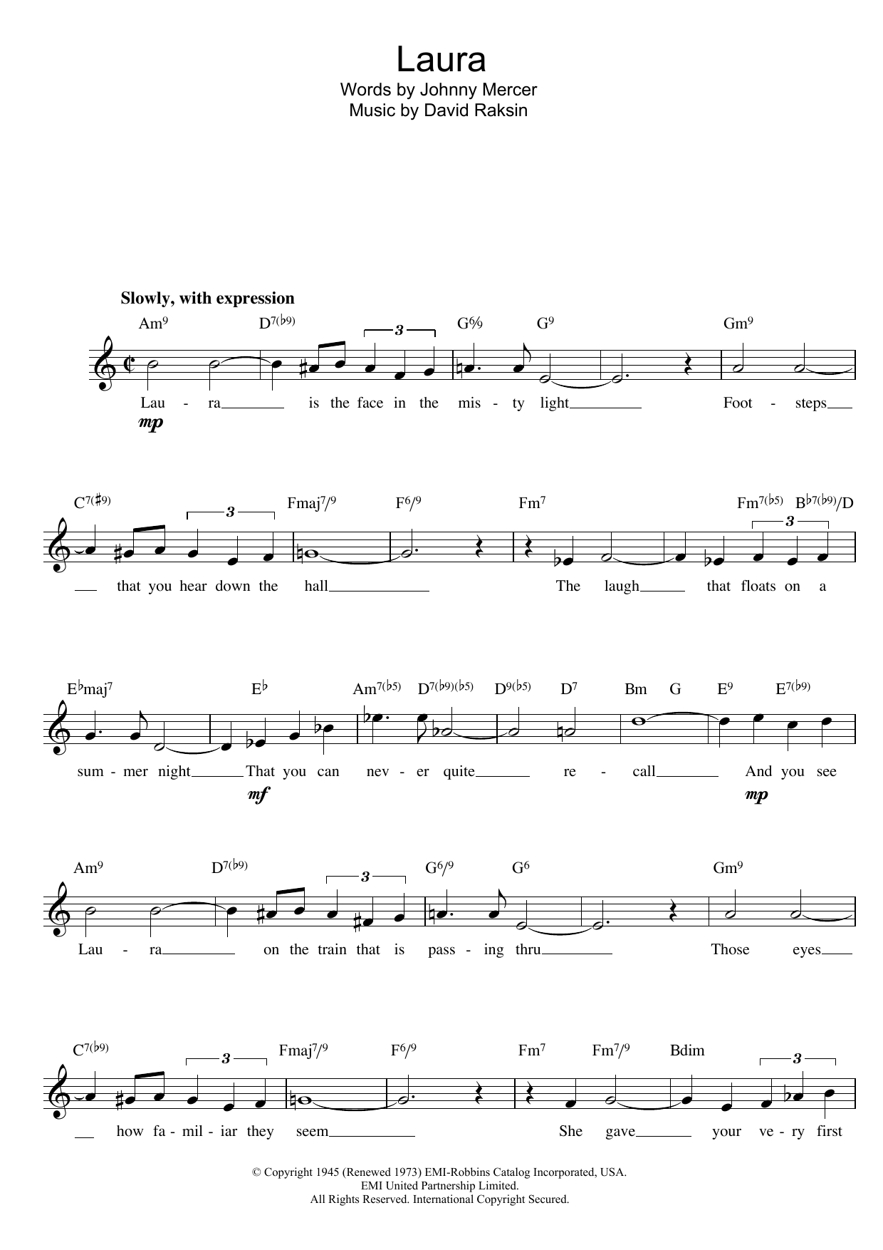 Download David Raksin Laura Sheet Music and learn how to play Melody Line, Lyrics & Chords PDF digital score in minutes