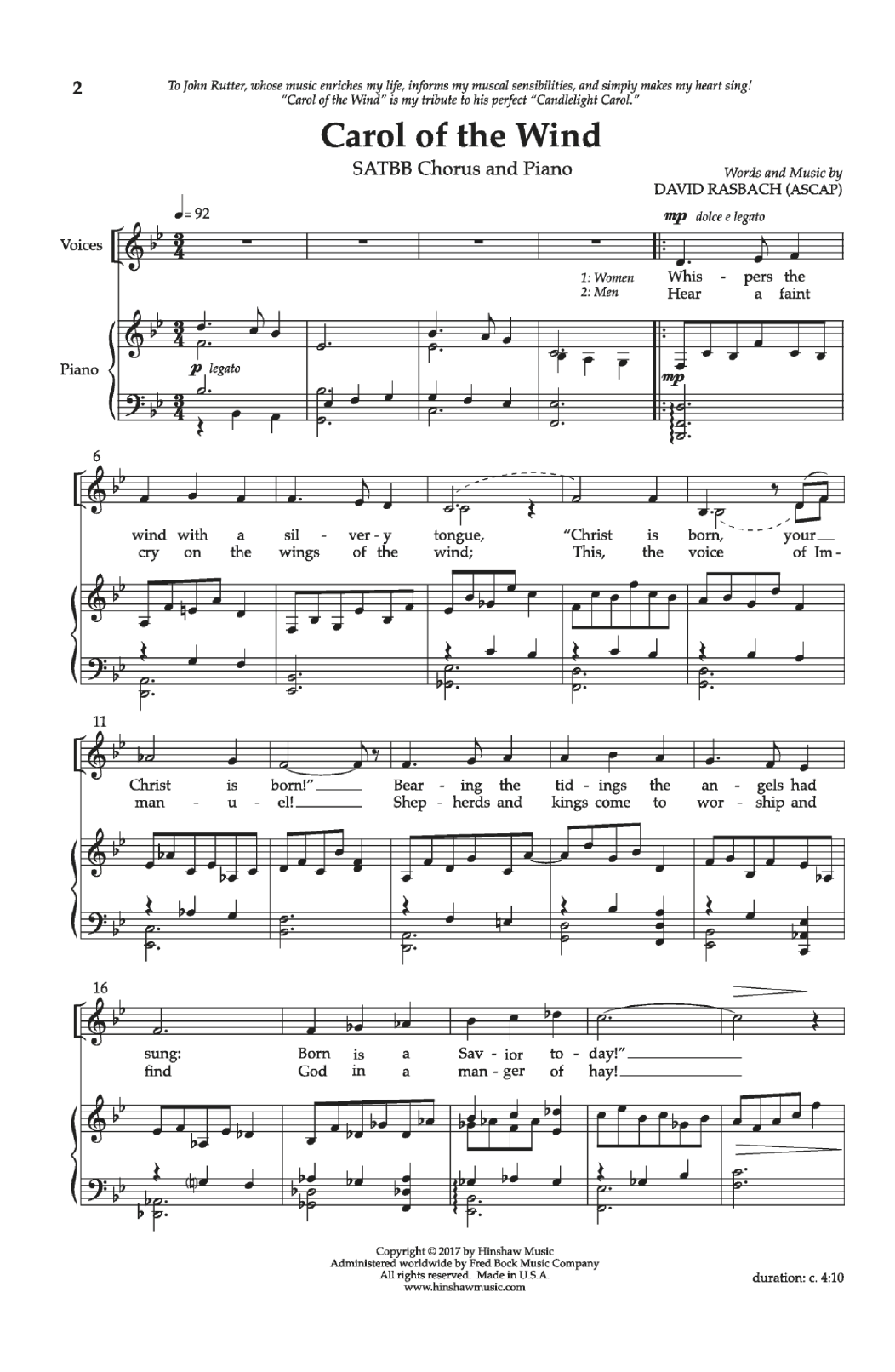 Download David Rasbach Carol Of The Wind Sheet Music and learn how to play Choral PDF digital score in minutes