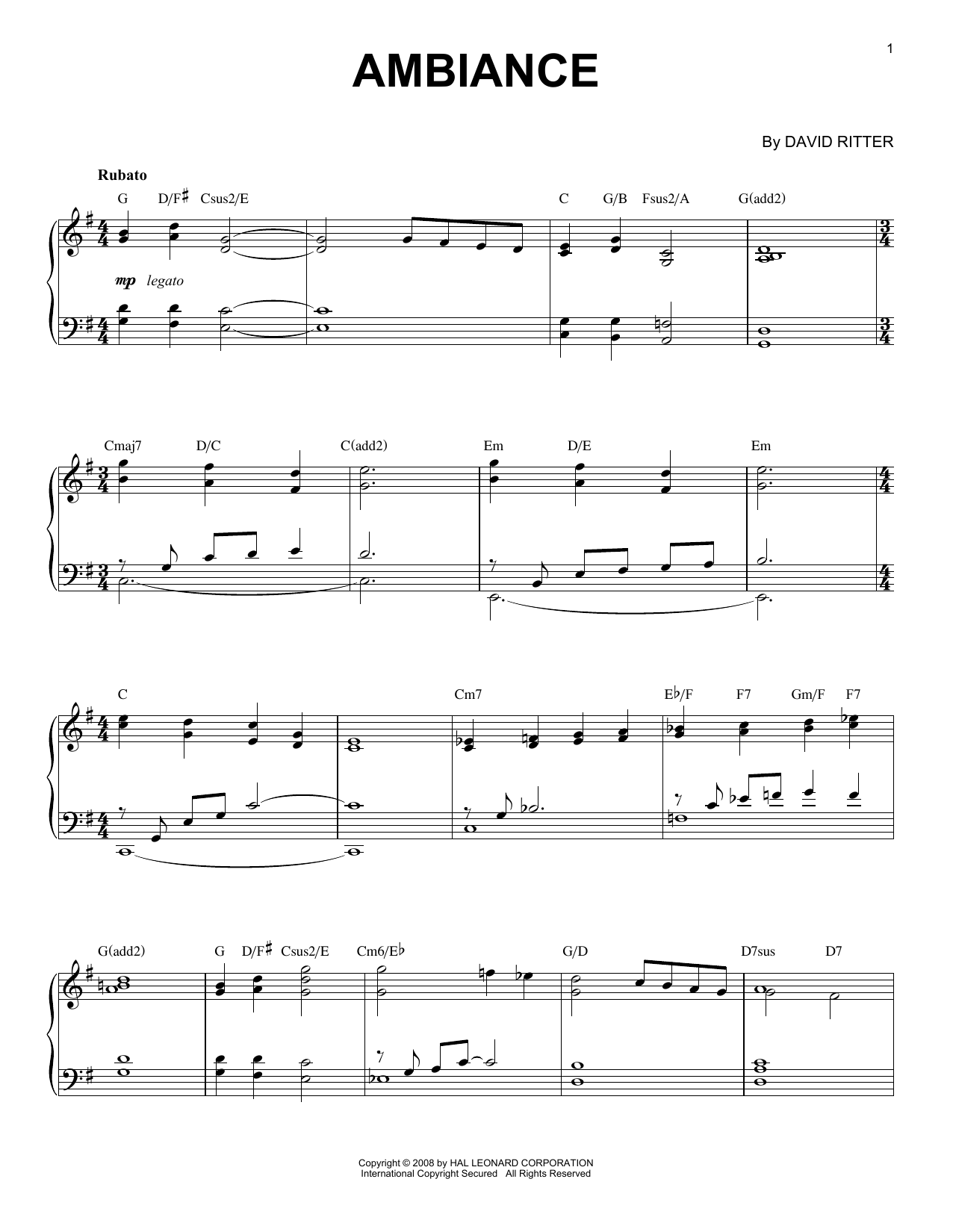 Download David Ritter Ambiance Sheet Music and learn how to play Piano Solo PDF digital score in minutes