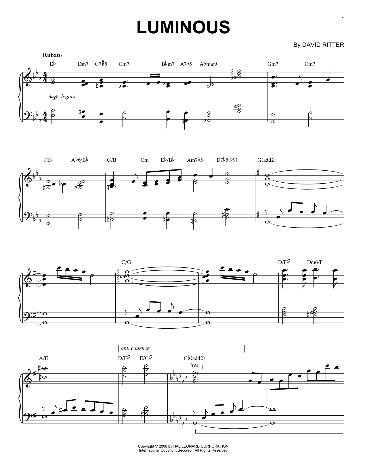 Download David Ritter Luminous Sheet Music and learn how to play Piano Solo PDF digital score in minutes