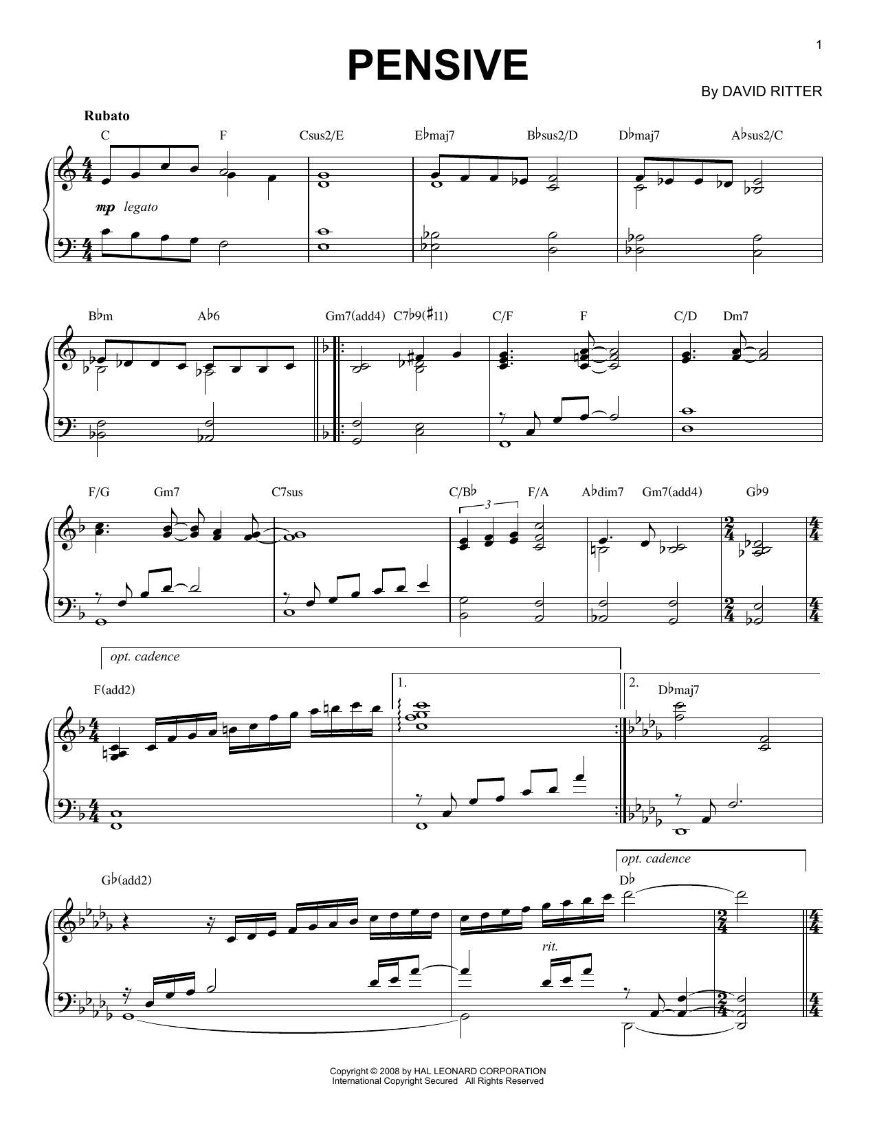 Download David Ritter Pensive Sheet Music and learn how to play Piano Solo PDF digital score in minutes