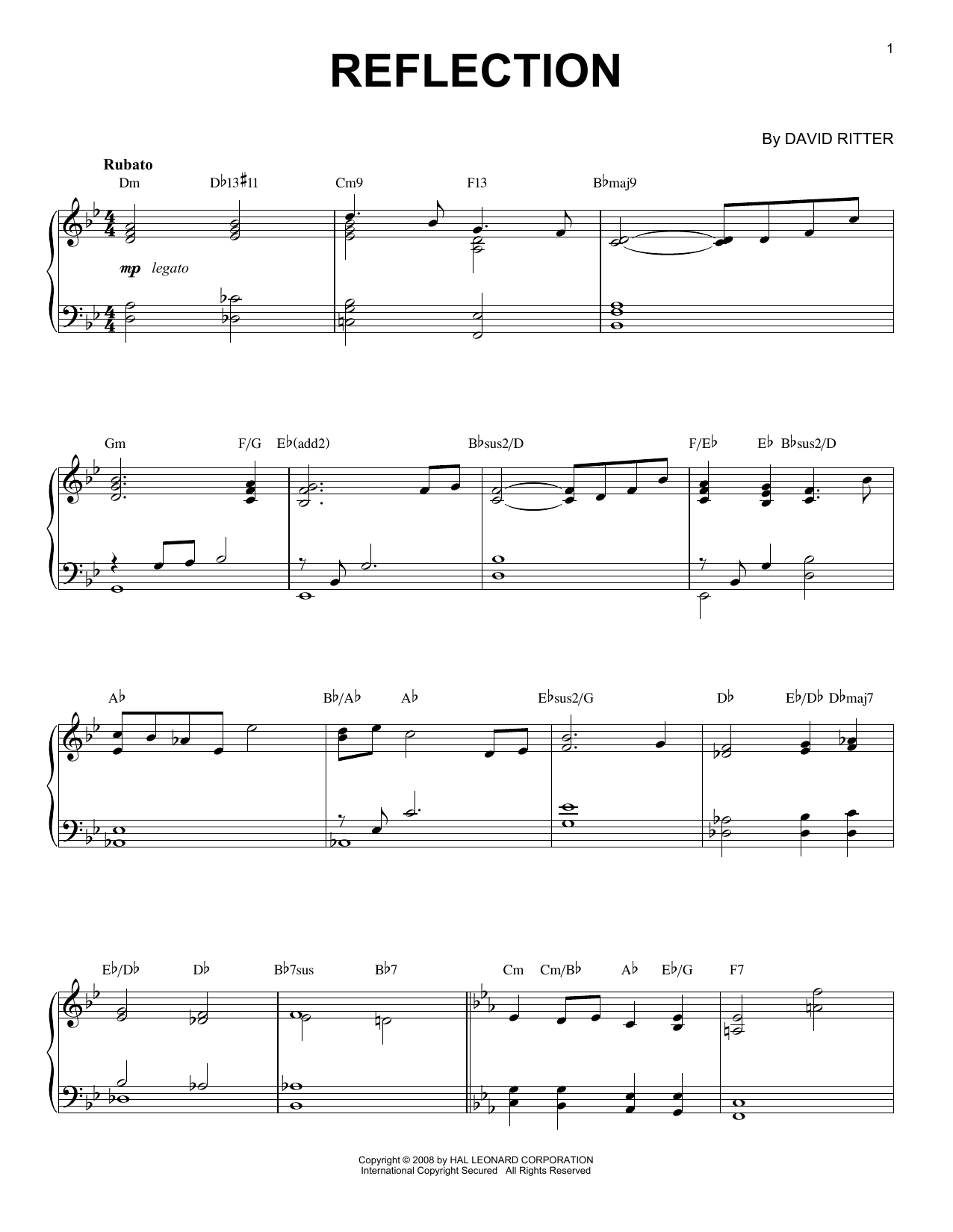 Download David Ritter Reflection Sheet Music and learn how to play Piano Solo PDF digital score in minutes