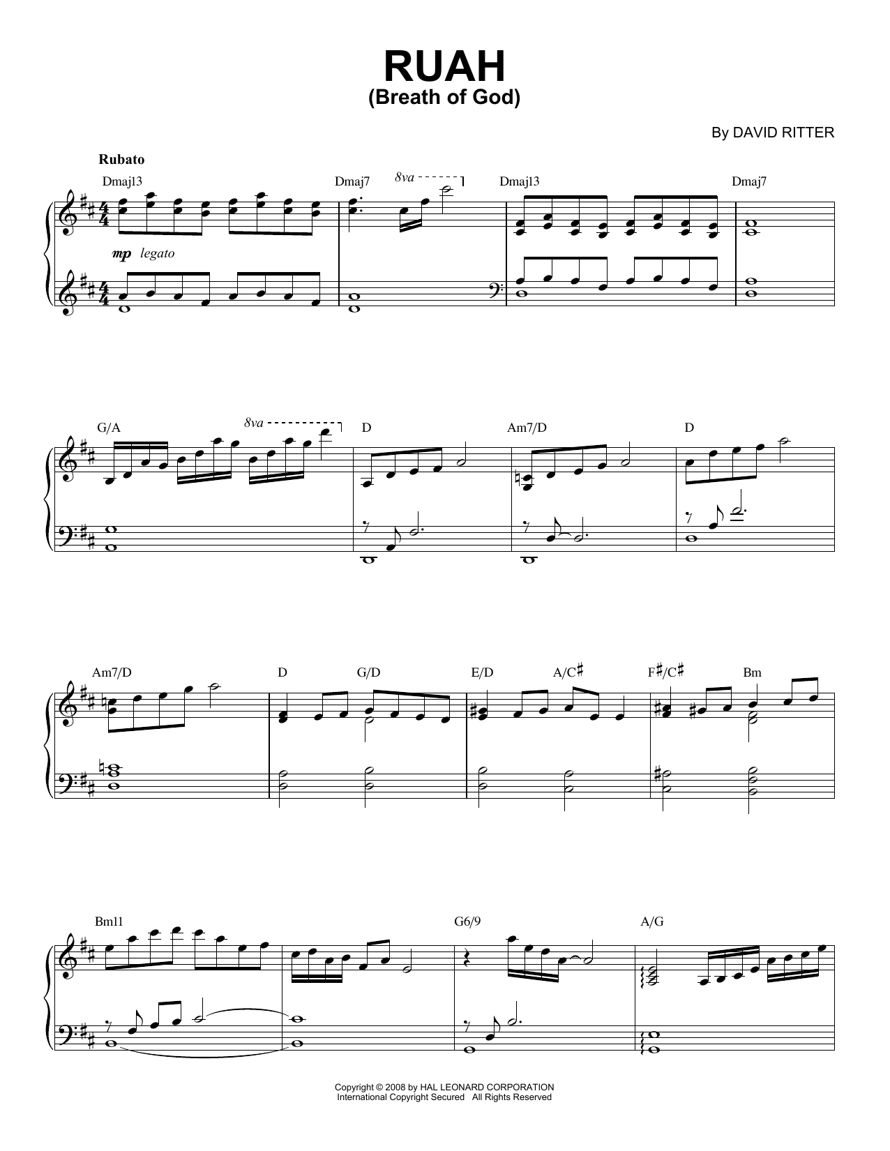 Download David Ritter Ruah (Breath Of God) Sheet Music and learn how to play Piano Solo PDF digital score in minutes