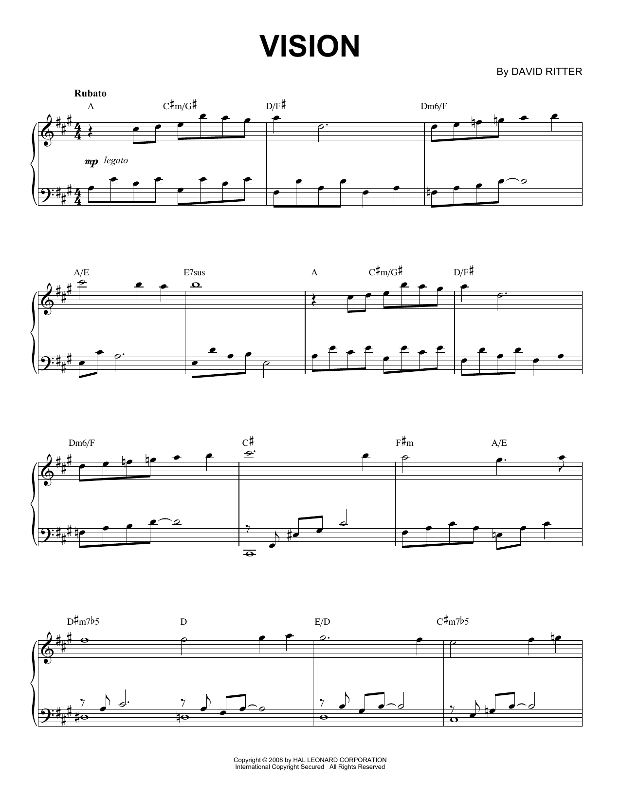 Download David Ritter Vision Sheet Music and learn how to play Piano Solo PDF digital score in minutes