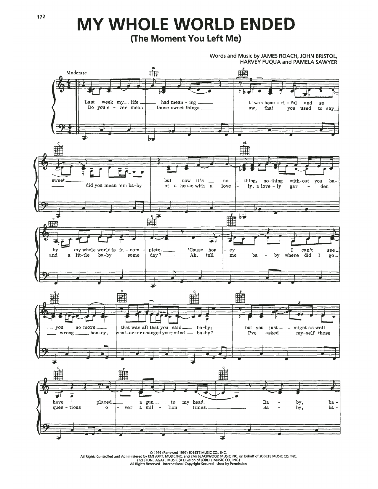 Download David Ruffin My Whole World Ended (The Moment You Left Me) Sheet Music and learn how to play Piano, Vocal & Guitar Chords (Right-Hand Melody) PDF digital score in minutes