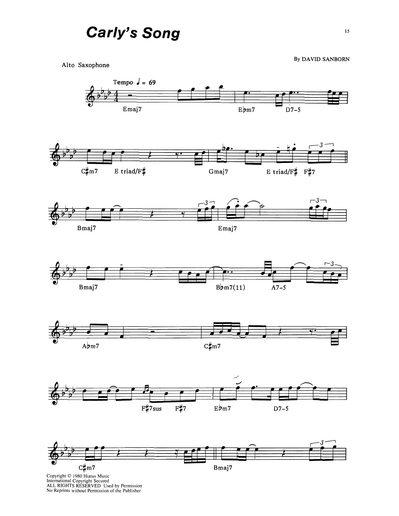 Download David Sanborn Carly's Song Sheet Music and learn how to play Alto Sax Transcription PDF digital score in minutes
