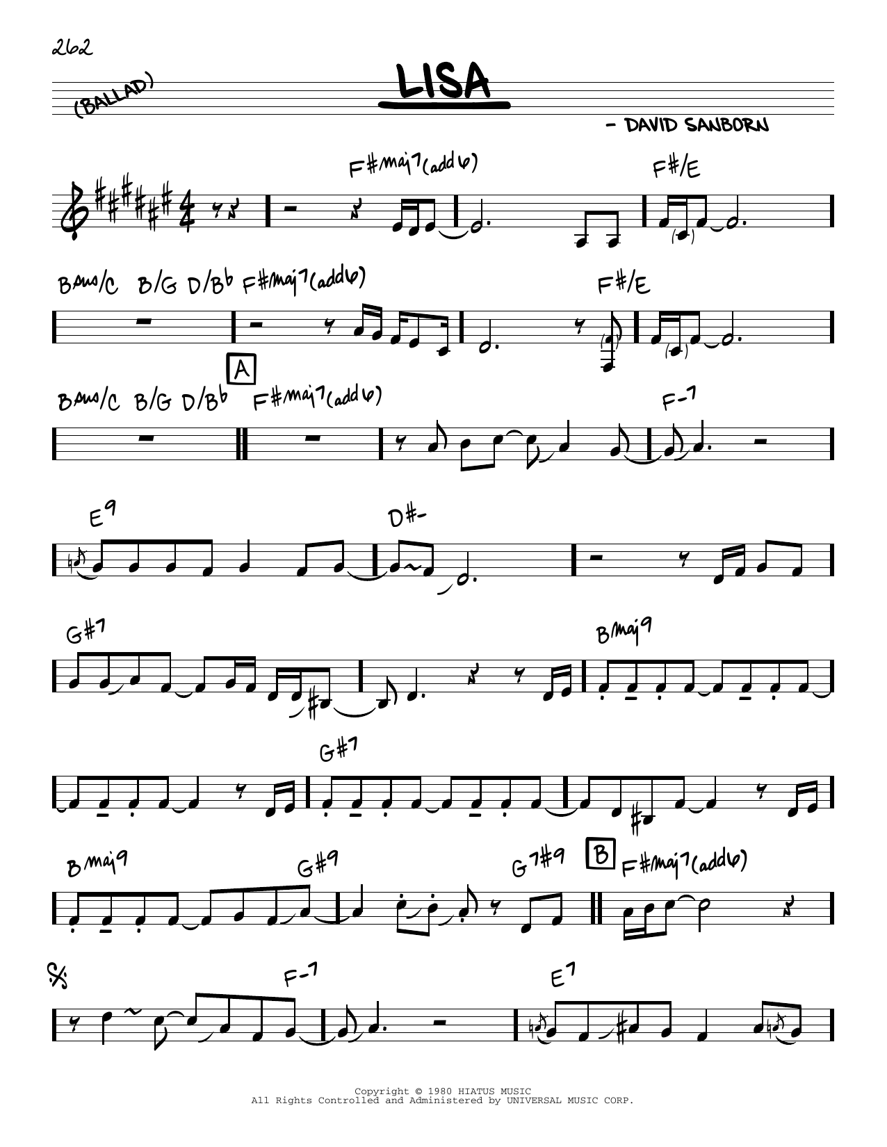 Download David Sanborn Lisa Sheet Music and learn how to play Real Book – Melody & Chords PDF digital score in minutes