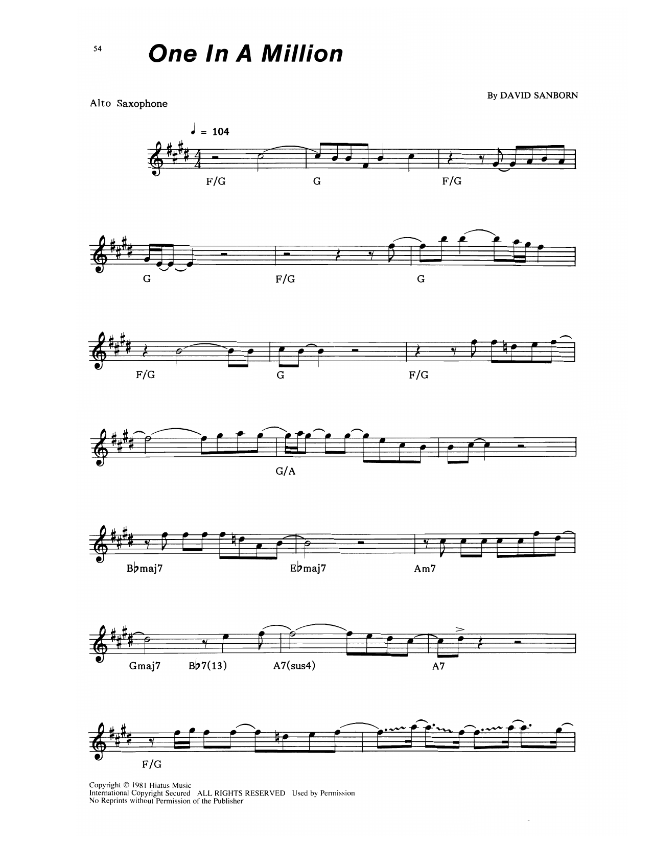 Download David Sanborn One In A Million Sheet Music and learn how to play Alto Sax Transcription PDF digital score in minutes