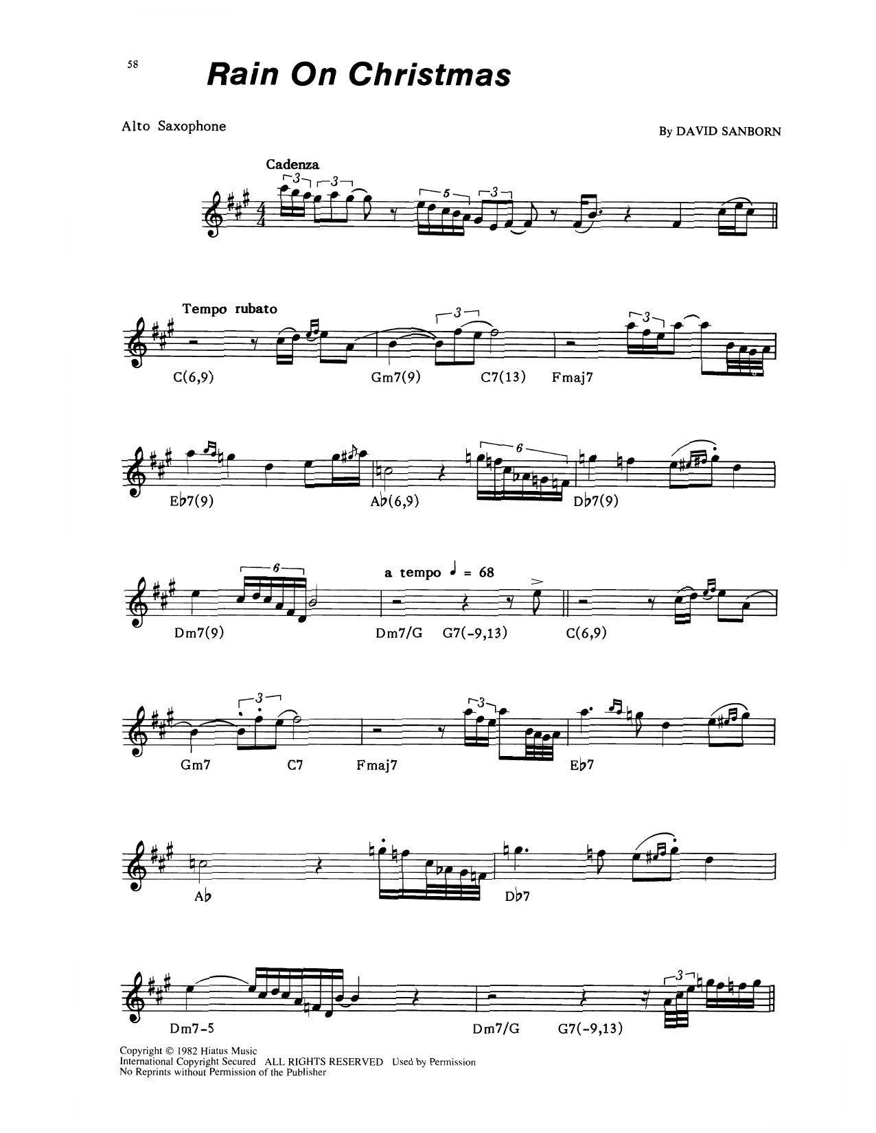 Download David Sanborn Rain On Christmas Sheet Music and learn how to play Alto Sax Transcription PDF digital score in minutes