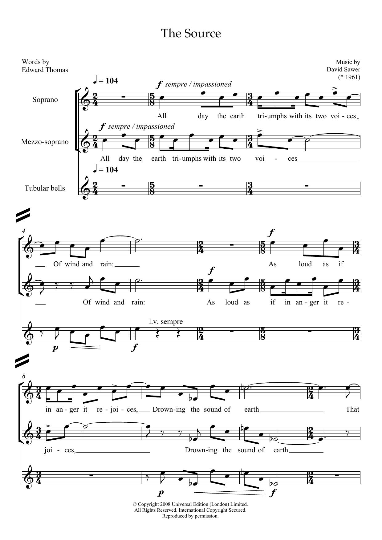 Download David Sawer The Source (for soprano, mezzo-soprano & tubular bells) Sheet Music and learn how to play Piano & Vocal PDF digital score in minutes