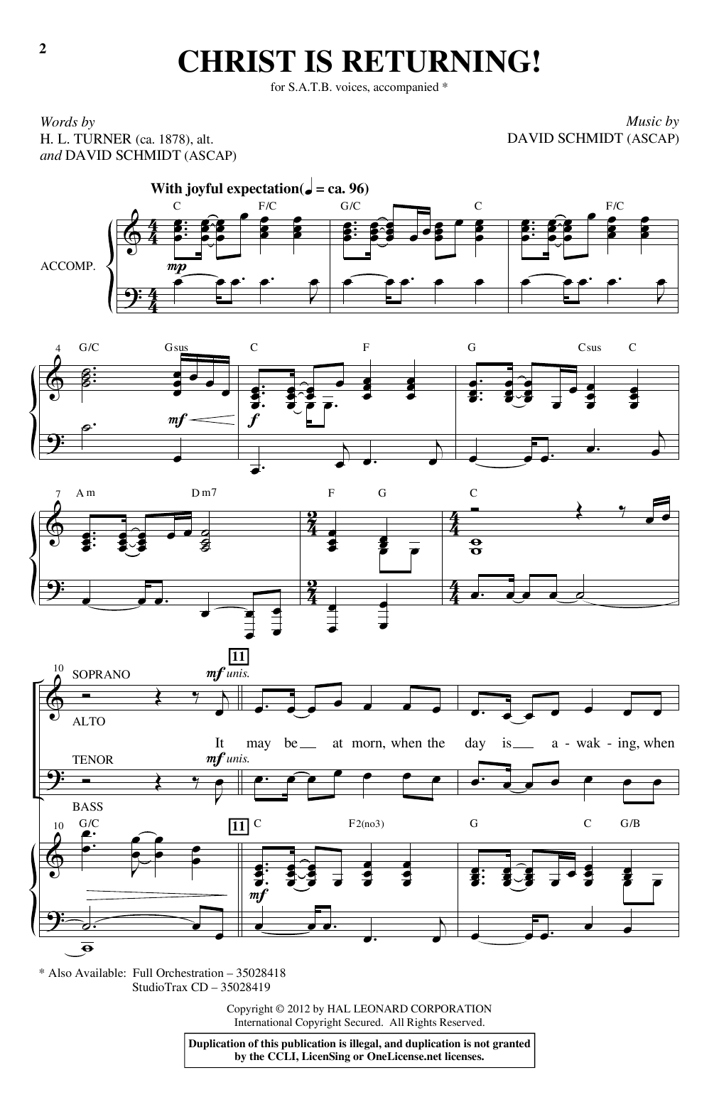 Download David Schmidt Christ Is Returning Sheet Music and learn how to play SATB Choir PDF digital score in minutes