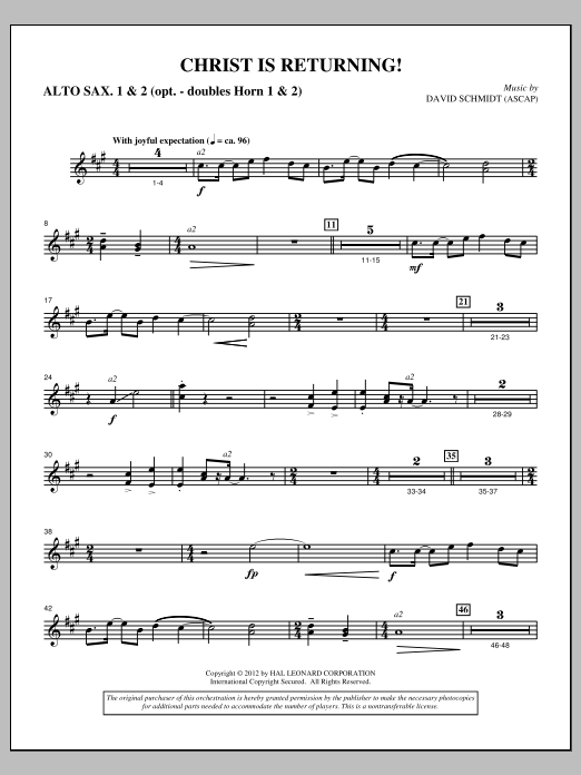 Download David Schmidt Christ Is Returning! - Alto Sax 1,2 Sheet Music and learn how to play Choir Instrumental Pak PDF digital score in minutes