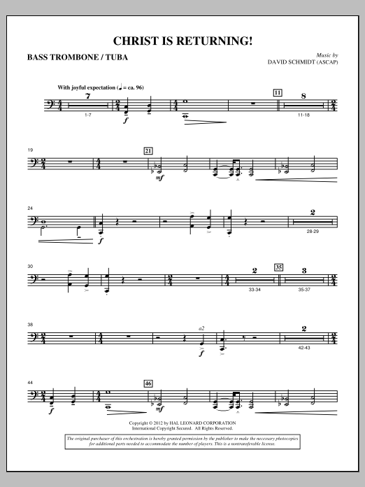 Download David Schmidt Christ Is Returning! - Bass Trombone/Tuba Sheet Music and learn how to play Choir Instrumental Pak PDF digital score in minutes