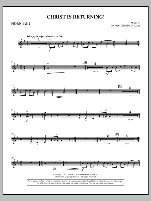 Download David Schmidt Christ Is Returning! - F Horn 1,2 Sheet Music and learn how to play Choir Instrumental Pak PDF digital score in minutes