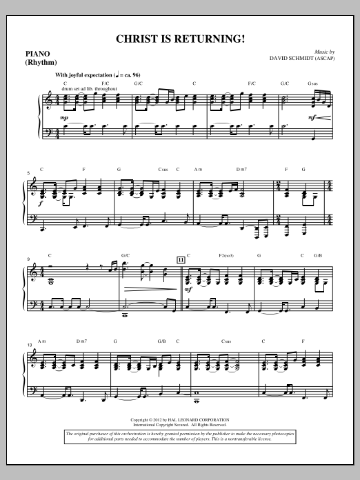 Download David Schmidt Christ Is Returning! - Rhythm Piano Sheet Music and learn how to play Choir Instrumental Pak PDF digital score in minutes