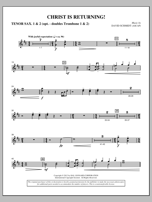 Download David Schmidt Christ Is Returning! - Tenor Saxophone 1 & 2 in Bb Sheet Music and learn how to play Choir Instrumental Pak PDF digital score in minutes