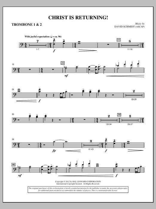 Download David Schmidt Christ Is Returning! - Trombone 1 & 2 Sheet Music and learn how to play Choir Instrumental Pak PDF digital score in minutes