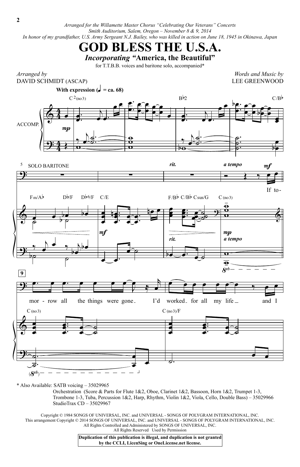 Download David Schmidt God Bless The U.S.A. Sheet Music and learn how to play TTBB PDF digital score in minutes
