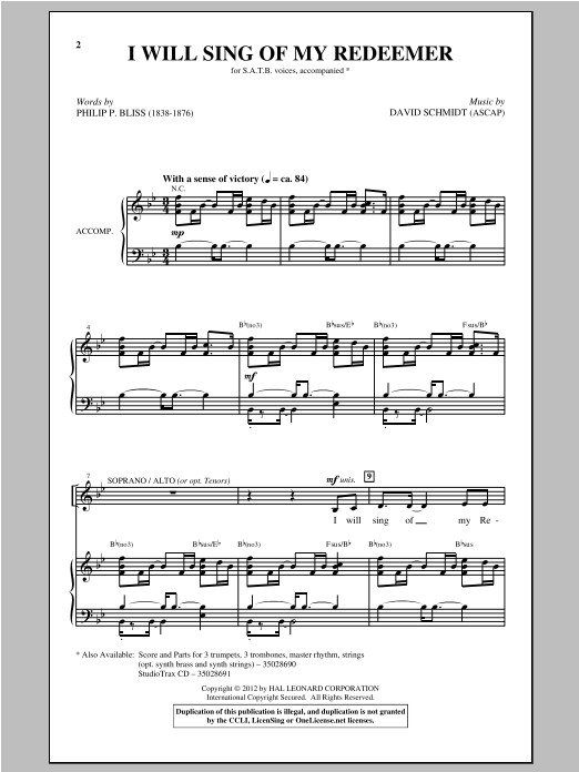 Download David Schmidt I Will Sing Of My Redeemer Sheet Music and learn how to play SATB PDF digital score in minutes