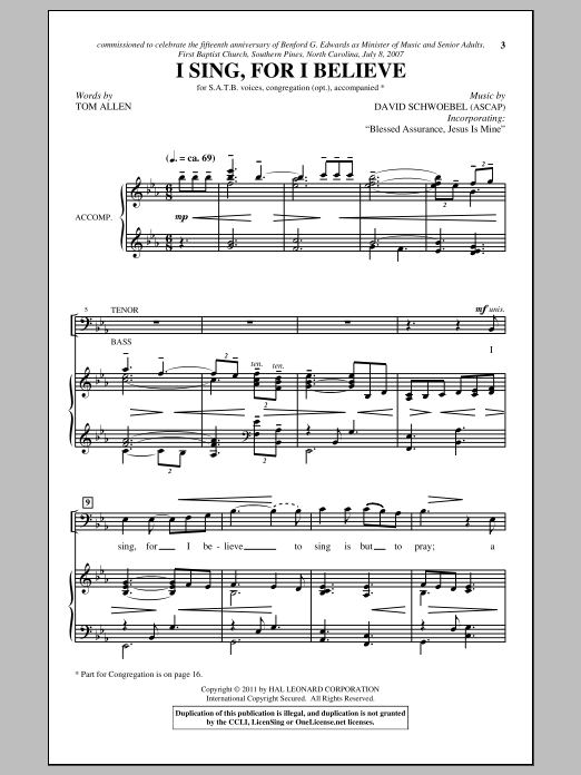 Download David Schwoebel I Sing, For I Believe Sheet Music and learn how to play SATB PDF digital score in minutes