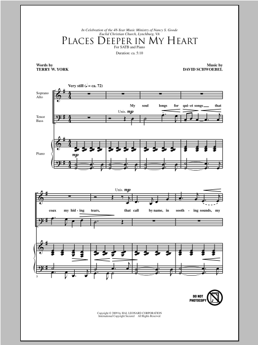 Download David Schwoebel Places Deeper In My Heart Sheet Music and learn how to play SATB PDF digital score in minutes