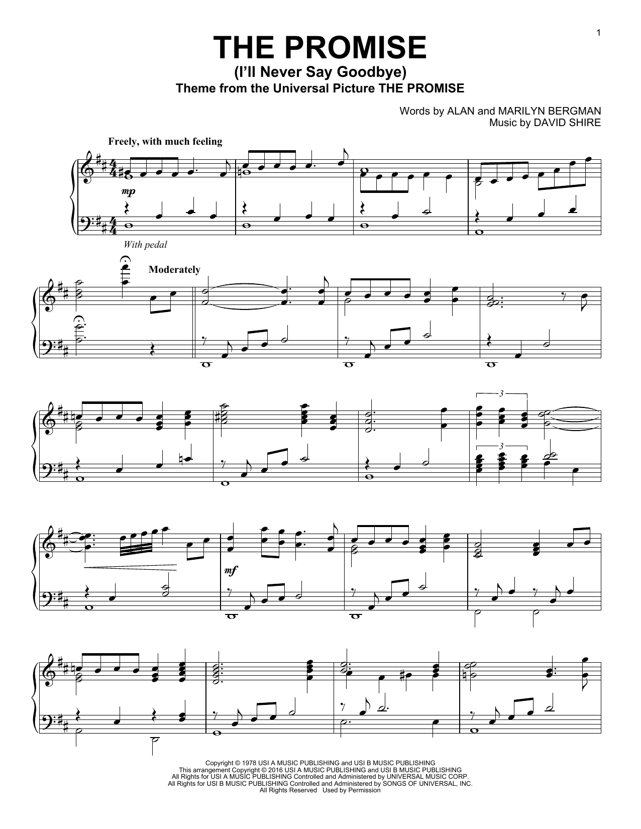 Download David Shire The Promise (I'll Never Say Goodbye) Sheet Music and learn how to play Easy Piano PDF digital score in minutes