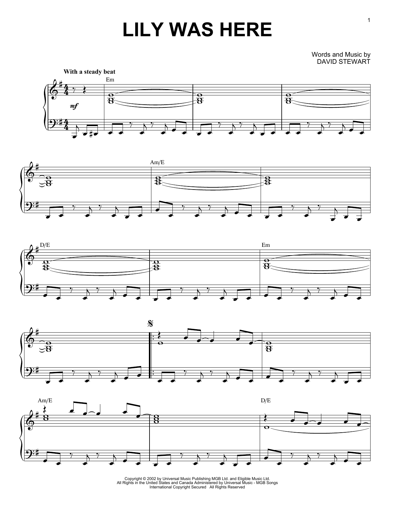 Download David Stewart Lily Was Here (feat. Candy Dulfer) Sheet Music and learn how to play Piano Solo PDF digital score in minutes