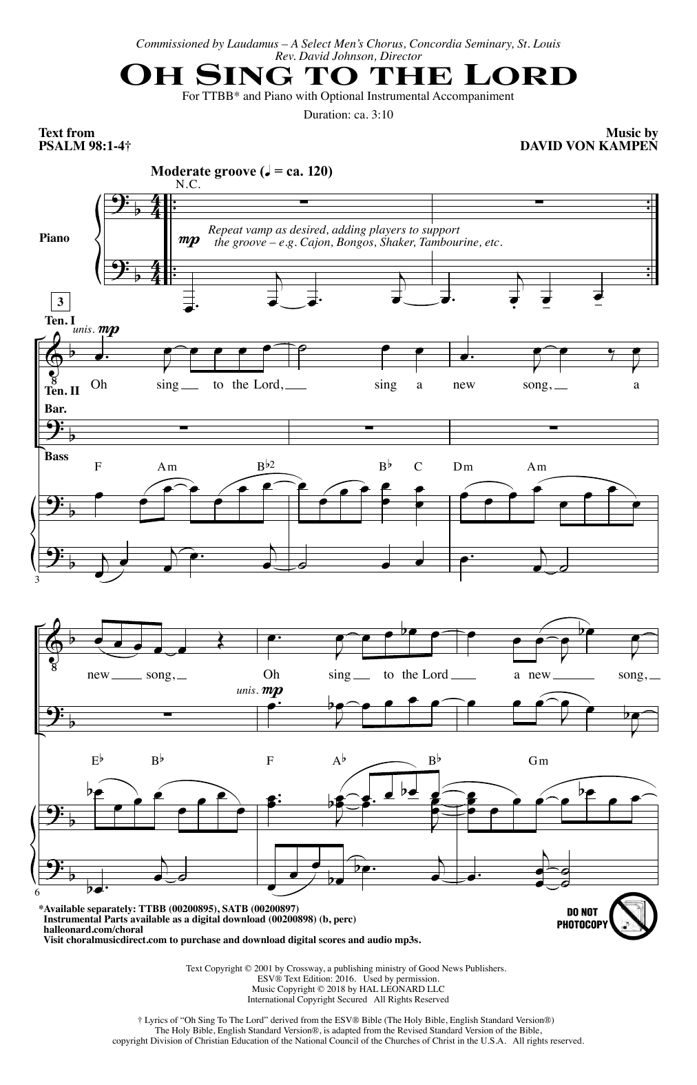 Download David Von Kampen Oh Sing To The Lord Sheet Music and learn how to play SATB Choir PDF digital score in minutes