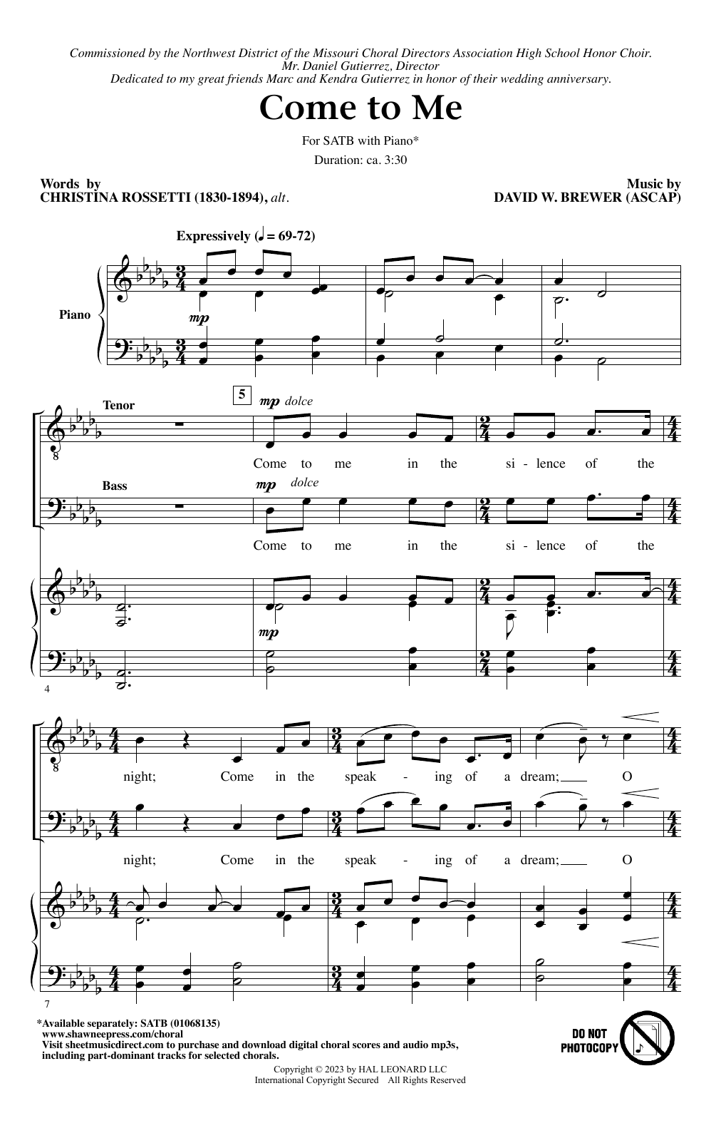Download David W. Brewer Come To Me Sheet Music and learn how to play SATB Choir PDF digital score in minutes