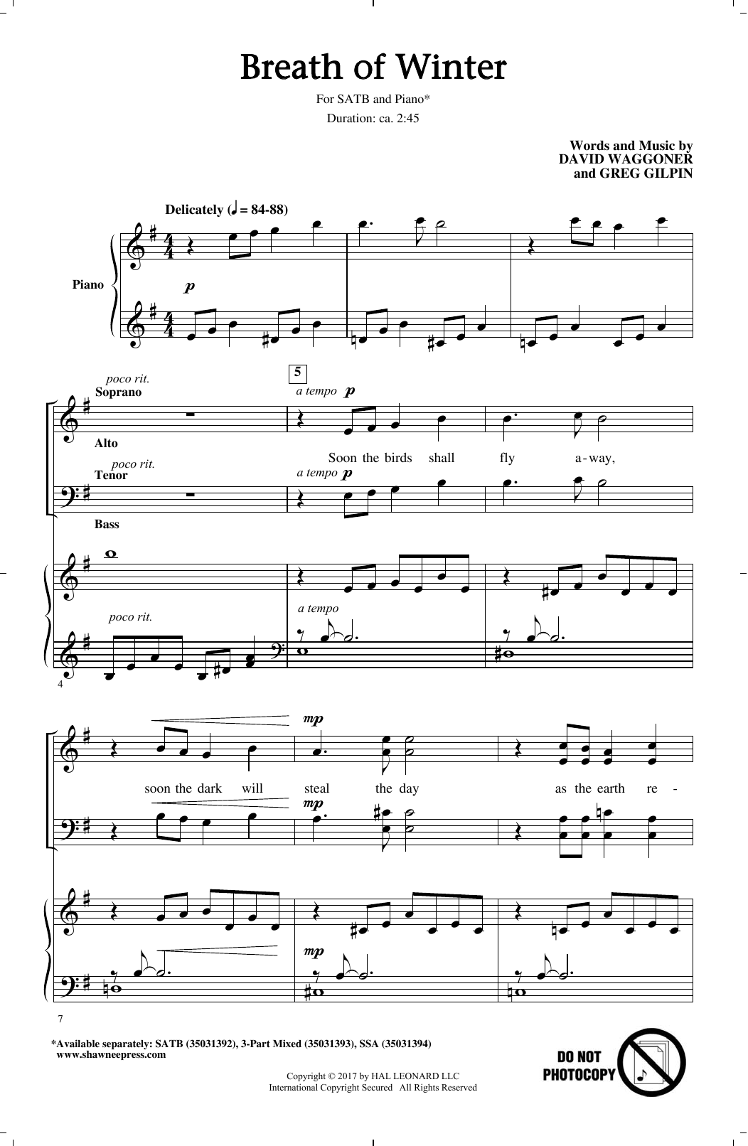 Download David Waggoner Breath Of Winter Sheet Music and learn how to play SSA PDF digital score in minutes