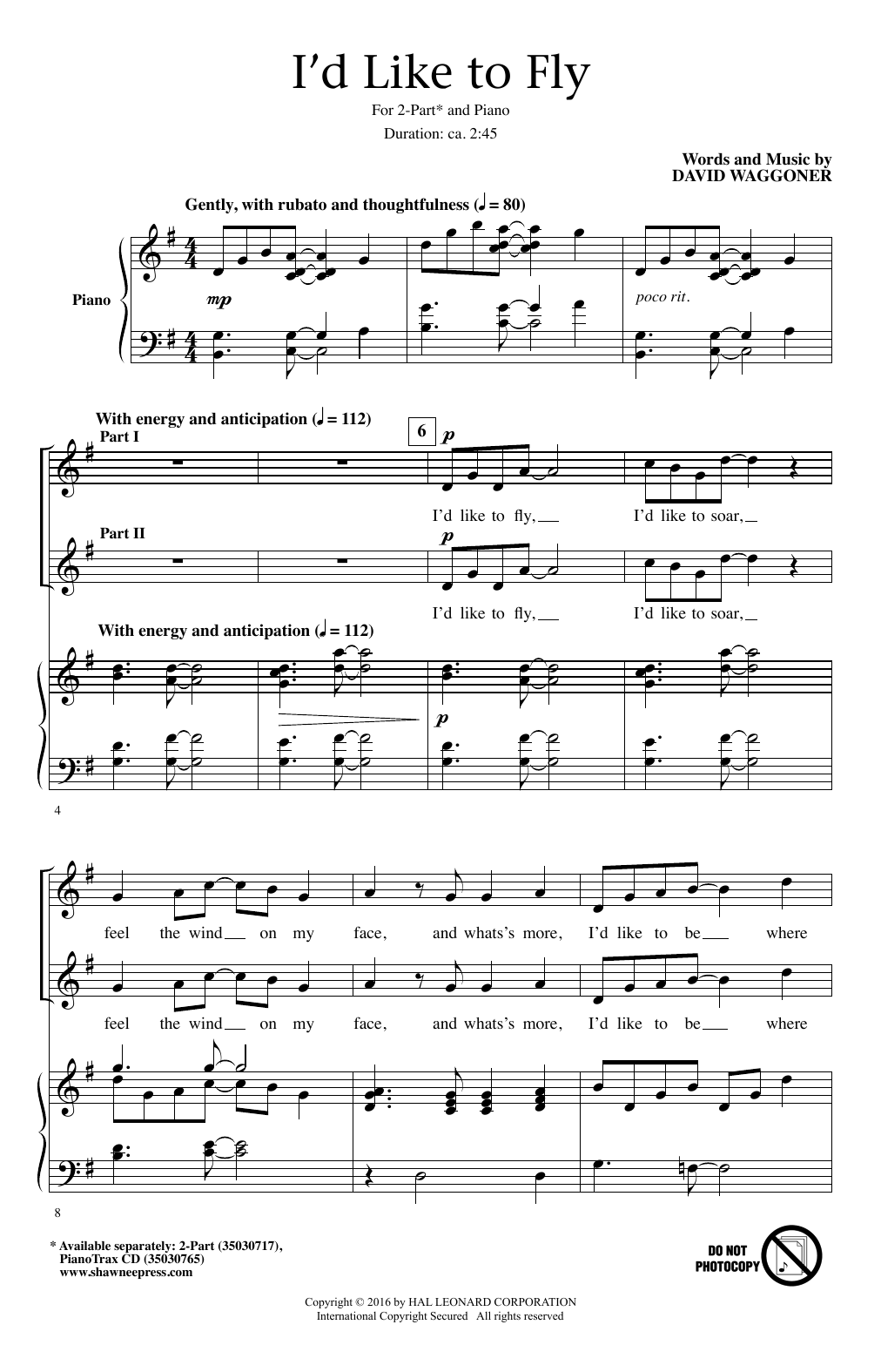 Download David Waggoner I'd Like To Fly Sheet Music and learn how to play 2-Part Choir PDF digital score in minutes