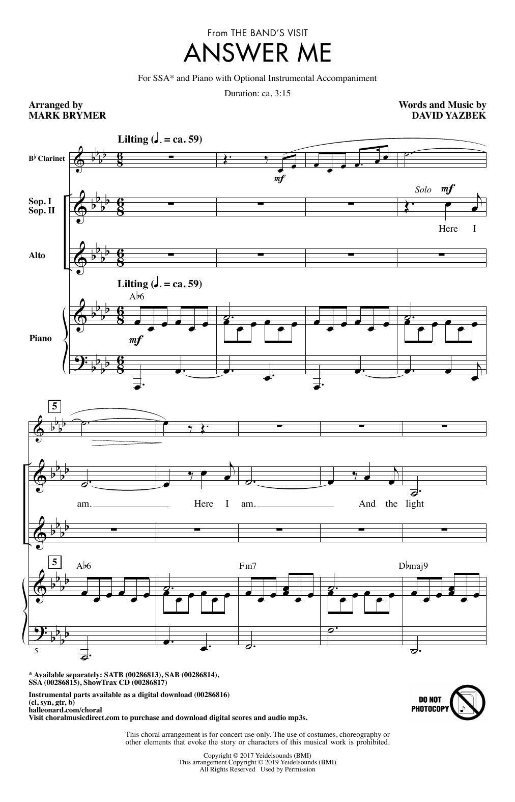 Download David Yazbek Answer Me (from The Band's Visit) (arr. Mark Brymer) Sheet Music and learn how to play SAB Choir PDF digital score in minutes