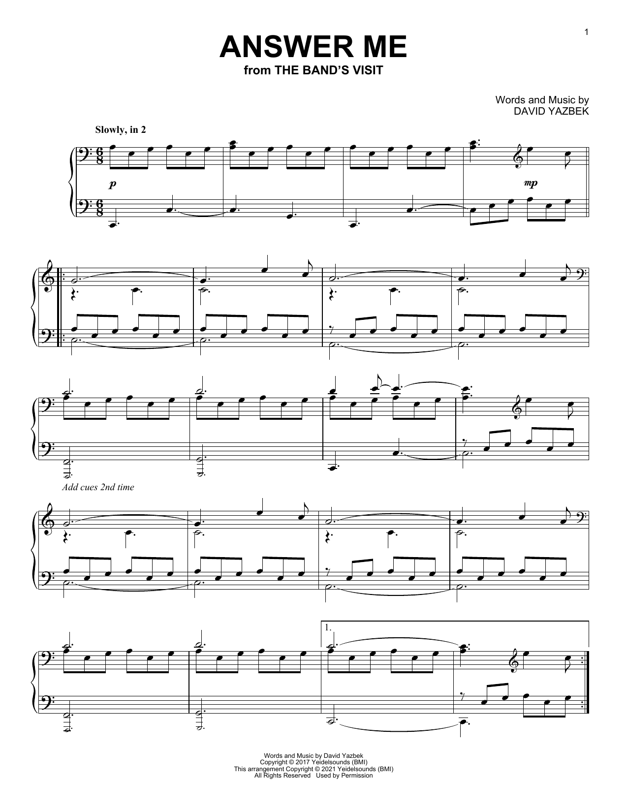 Download David Yazbek Answer Me (from The Band's Visit) Sheet Music and learn how to play Piano Solo PDF digital score in minutes