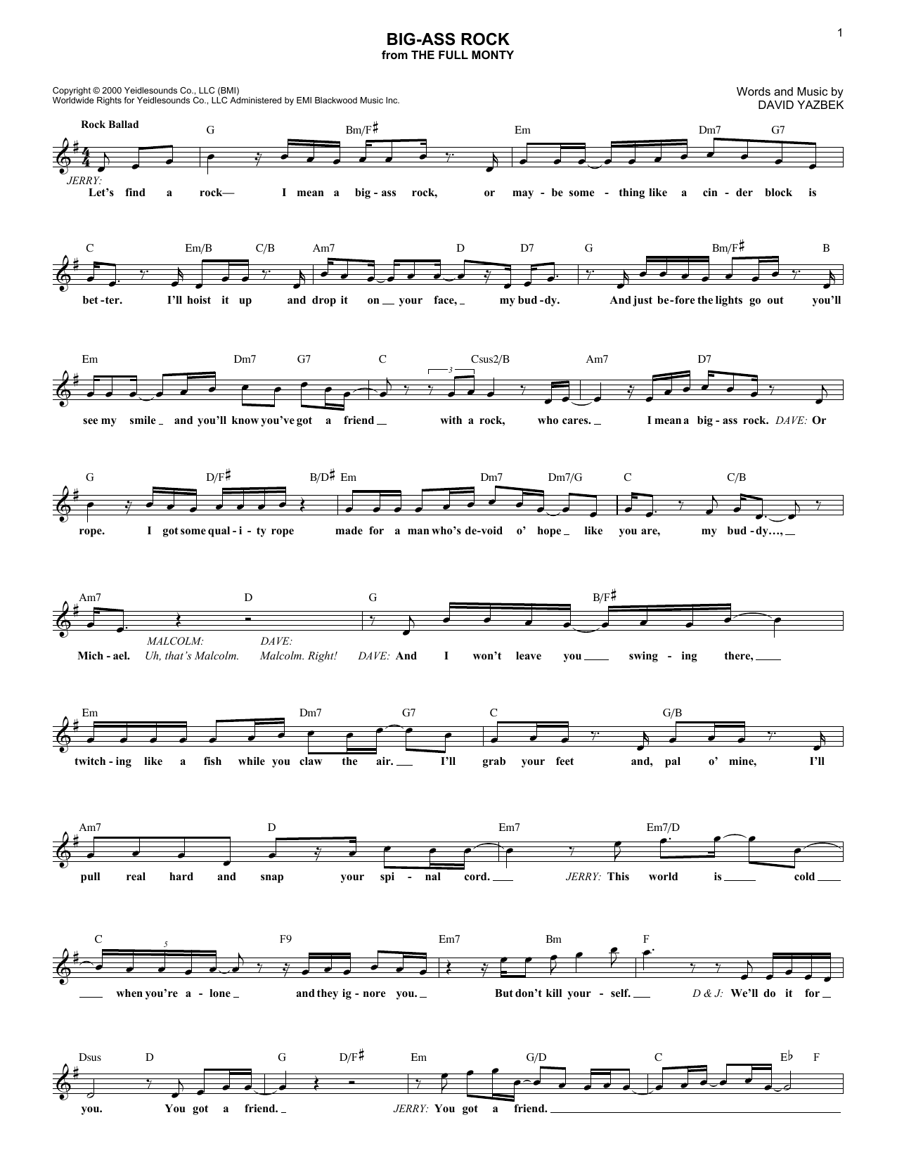 Download David Yazbek Big-Ass Rock Sheet Music and learn how to play Melody Line, Lyrics & Chords PDF digital score in minutes