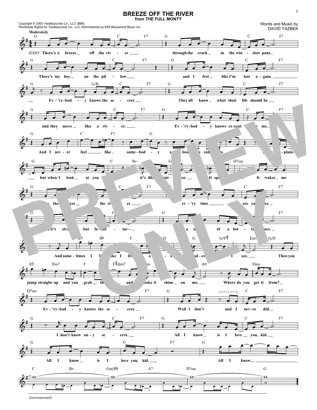 Download David Yazbek Breeze Off The River Sheet Music and learn how to play Melody Line, Lyrics & Chords PDF digital score in minutes