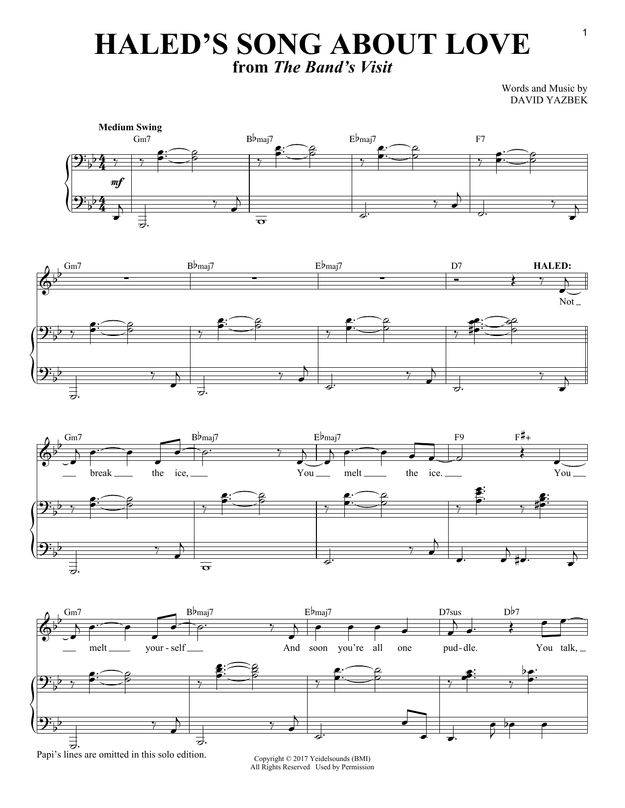 Download David Yazbek Haled's Song About Love [Solo version] (from The Band's Visit) Sheet Music and learn how to play Piano & Vocal PDF digital score in minutes