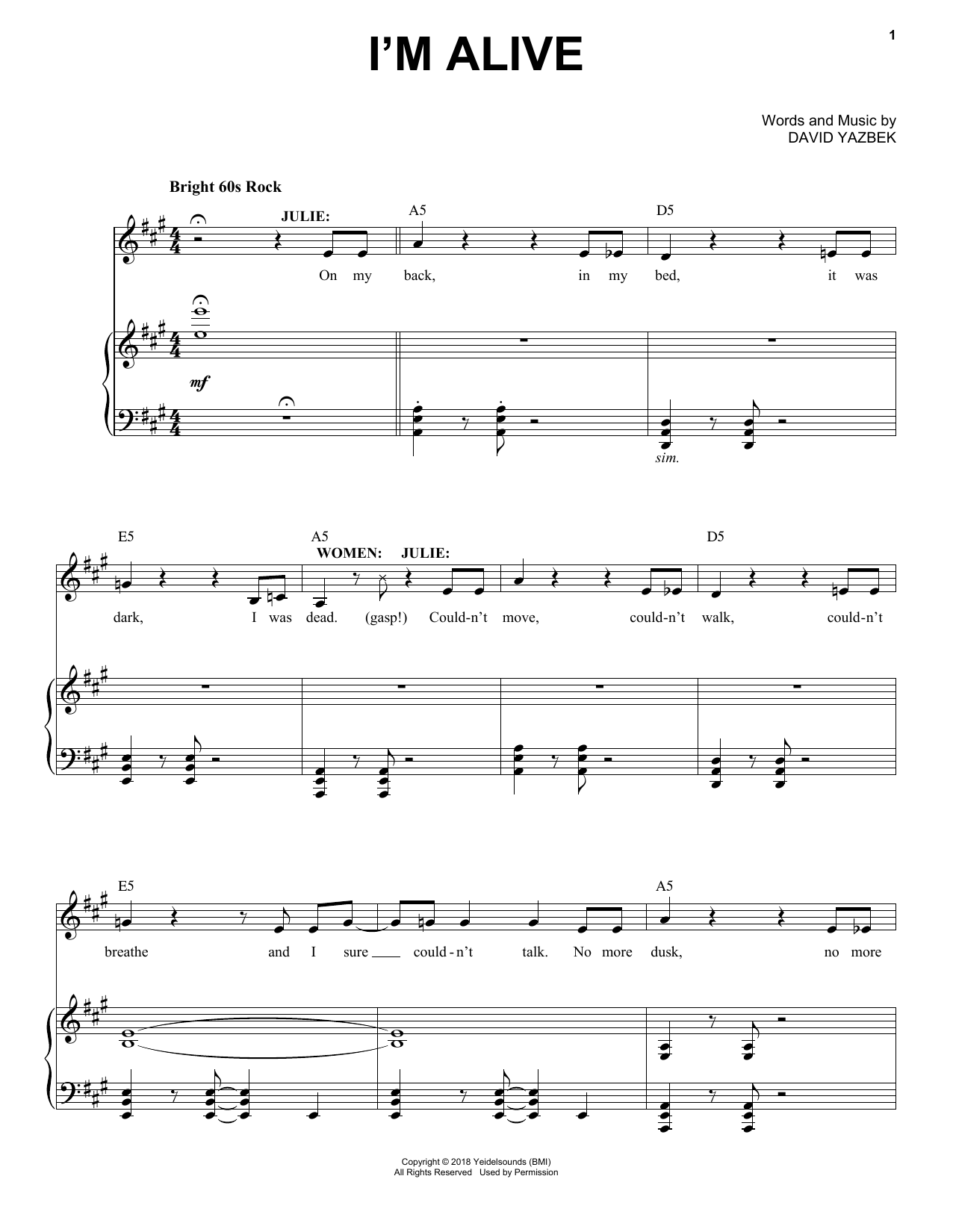 Download David Yazbek I'm Alive (from the musical Tootsie) Sheet Music and learn how to play Piano & Vocal PDF digital score in minutes