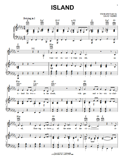 Download David Yazbek Island Sheet Music and learn how to play Piano, Vocal & Guitar (Right-Hand Melody) PDF digital score in minutes