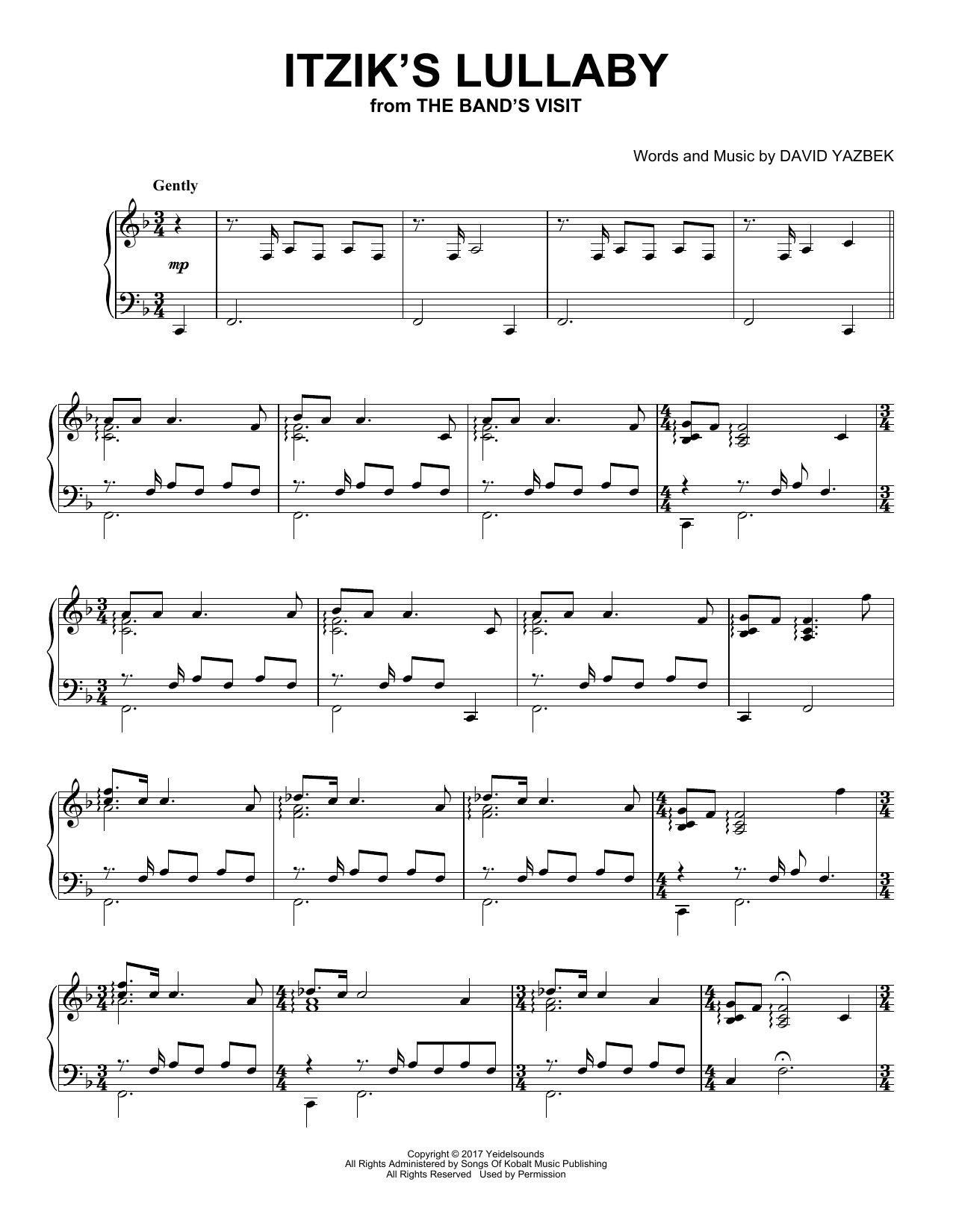 Download David Yazbek Itzik's Lullaby (from The Band's Visit) (Peaceful Piano Solo) Sheet Music and learn how to play Piano Solo PDF digital score in minutes