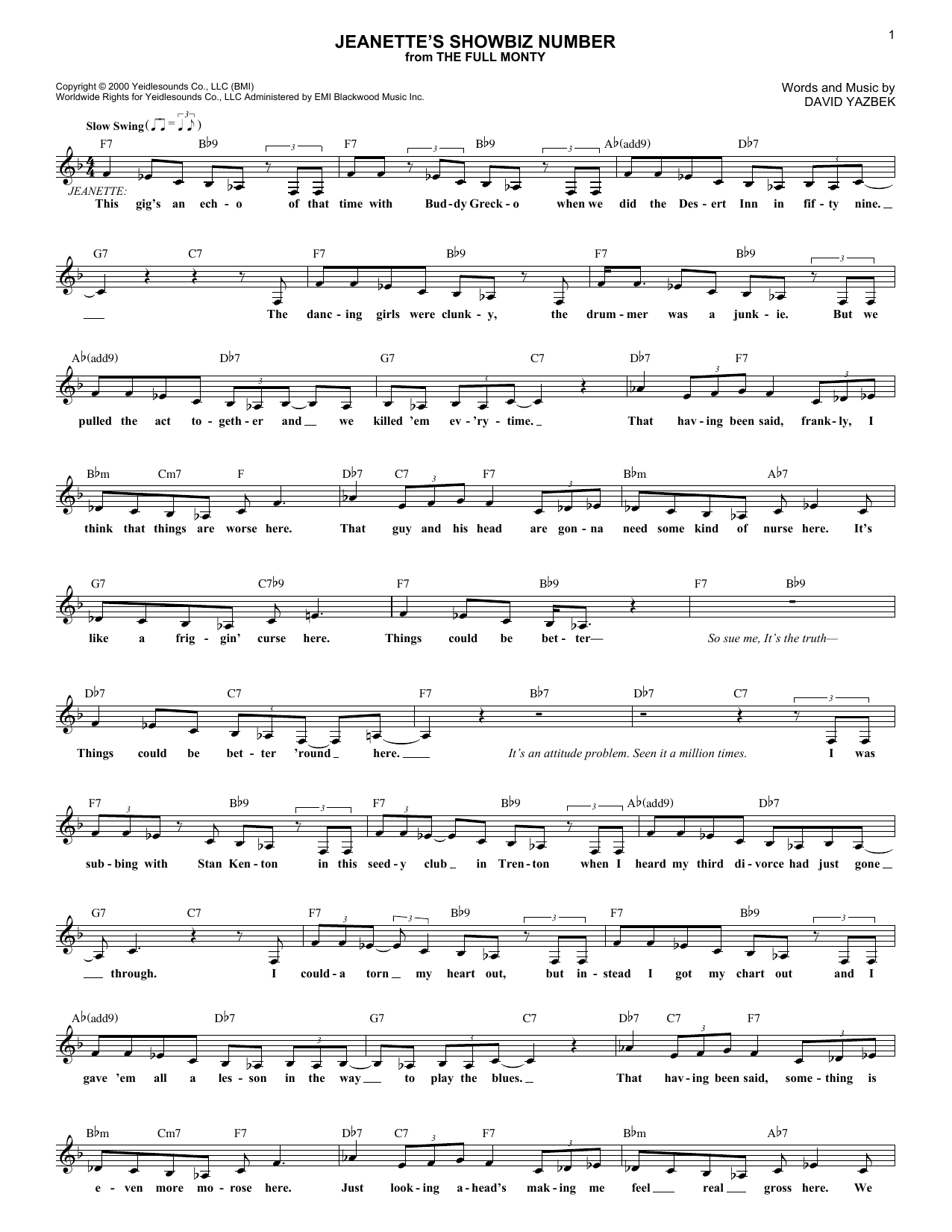 Download David Yazbek Jeanette's Showbiz Number Sheet Music and learn how to play Melody Line, Lyrics & Chords PDF digital score in minutes