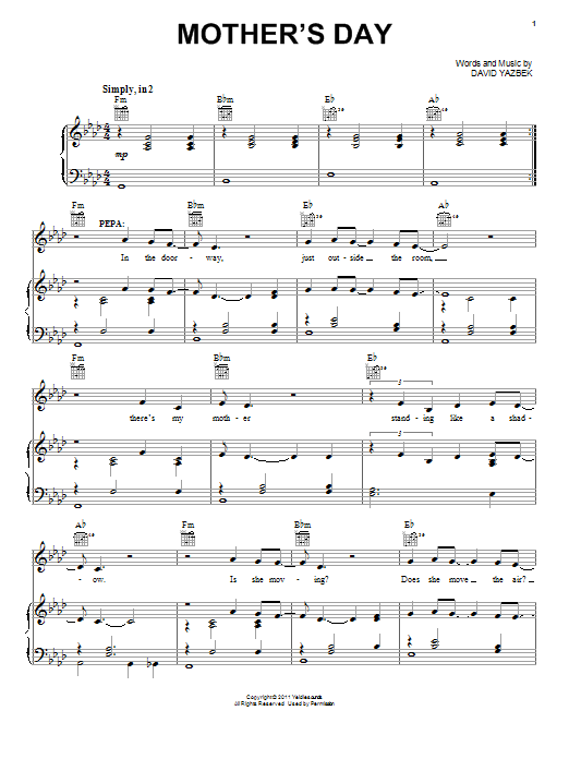 Download David Yazbek Mother's Day Sheet Music and learn how to play Piano, Vocal & Guitar (Right-Hand Melody) PDF digital score in minutes