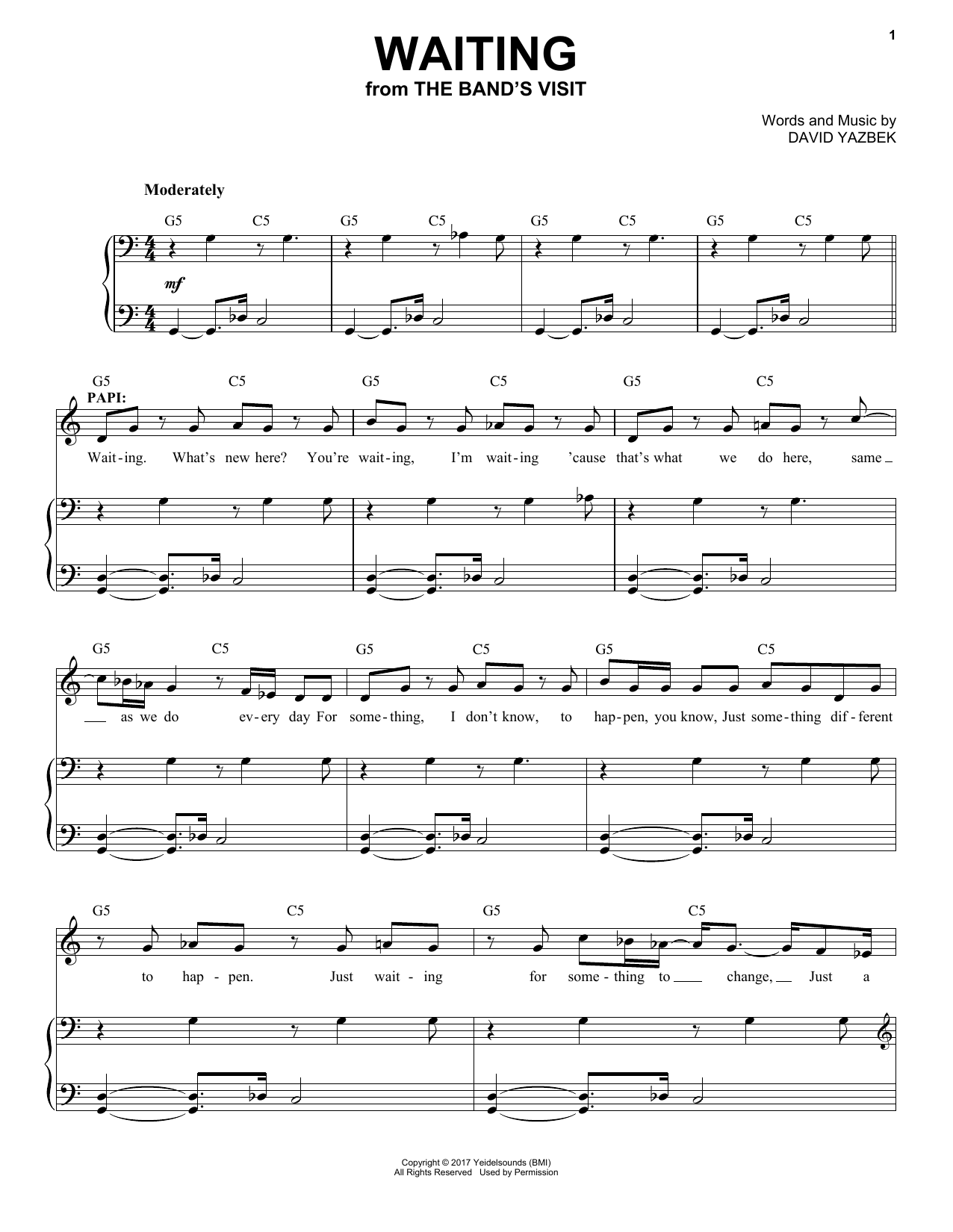 Download David Yazbek Waiting Sheet Music and learn how to play Piano & Vocal PDF digital score in minutes