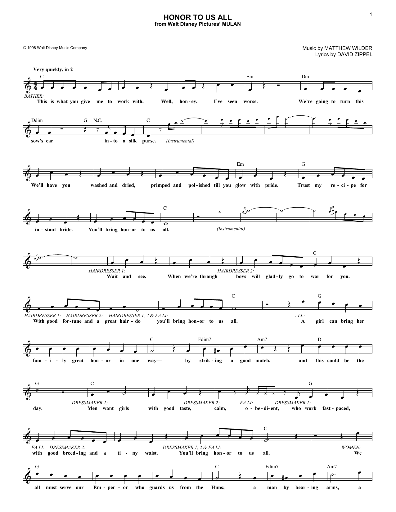 Download David Zippel Honor To Us All (from Mulan) Sheet Music and learn how to play Piano Solo PDF digital score in minutes