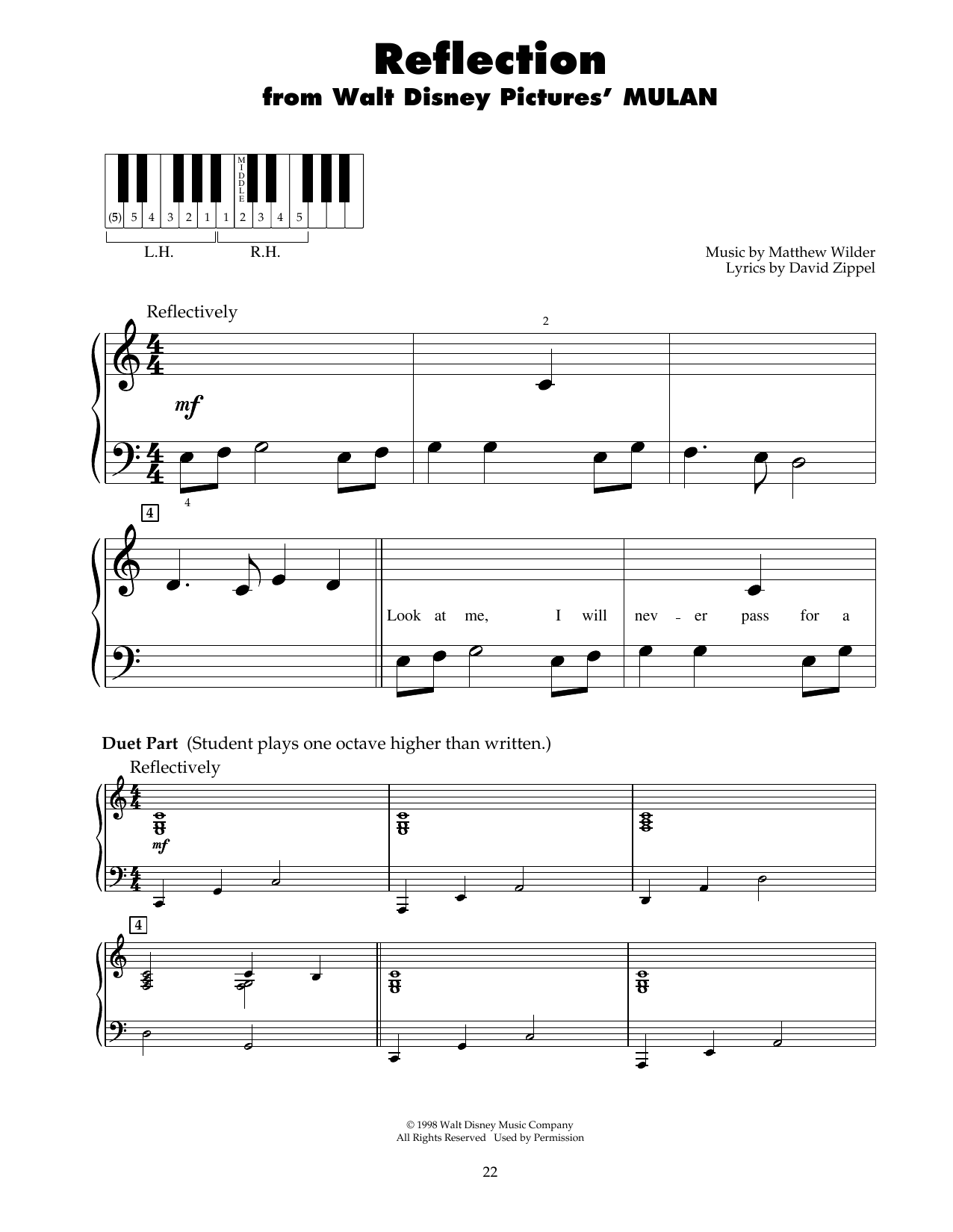 Download David Zippel Reflection (from Mulan) Sheet Music and learn how to play 5-Finger Piano PDF digital score in minutes