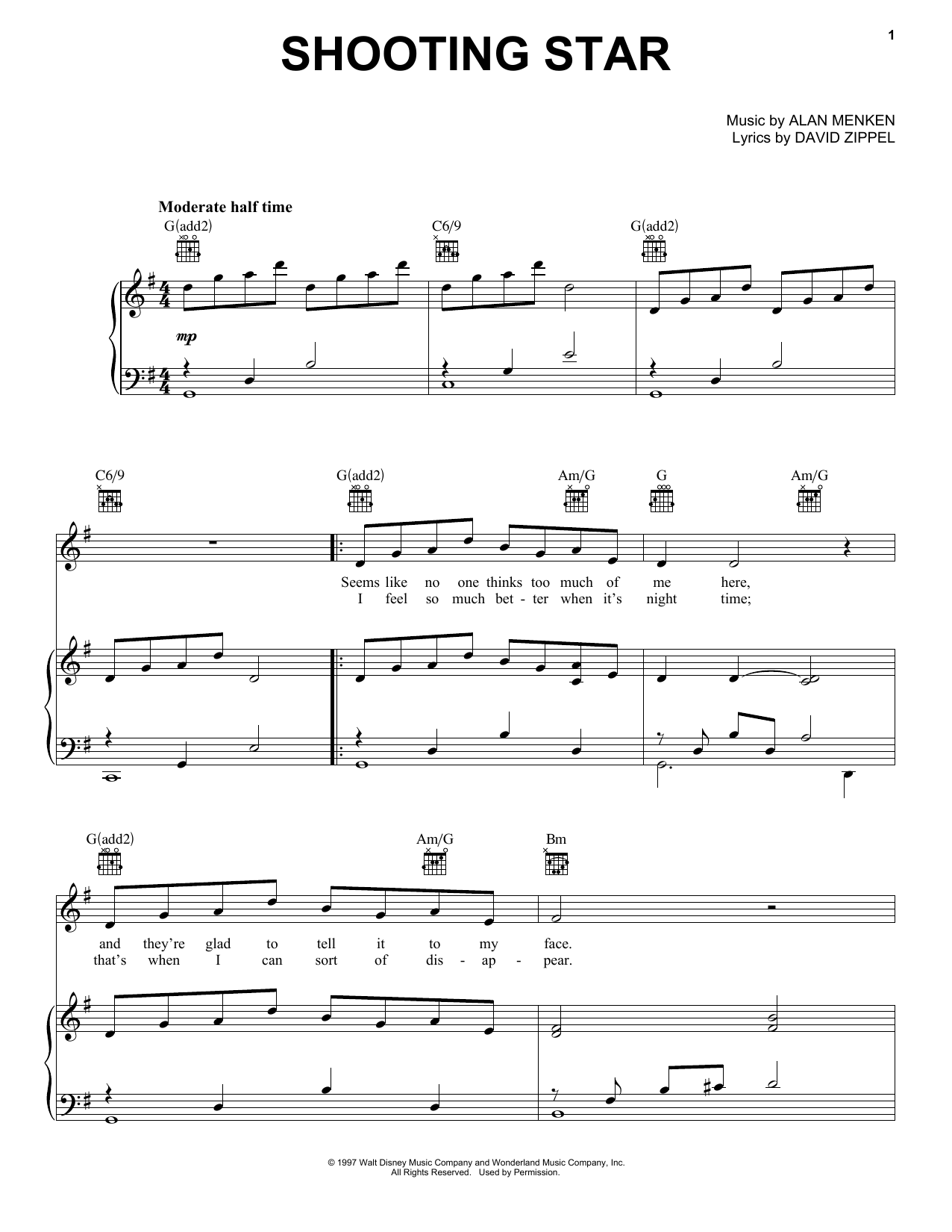 Download Alan Menken Shooting Star Sheet Music and learn how to play Piano, Vocal & Guitar (Right-Hand Melody) PDF digital score in minutes