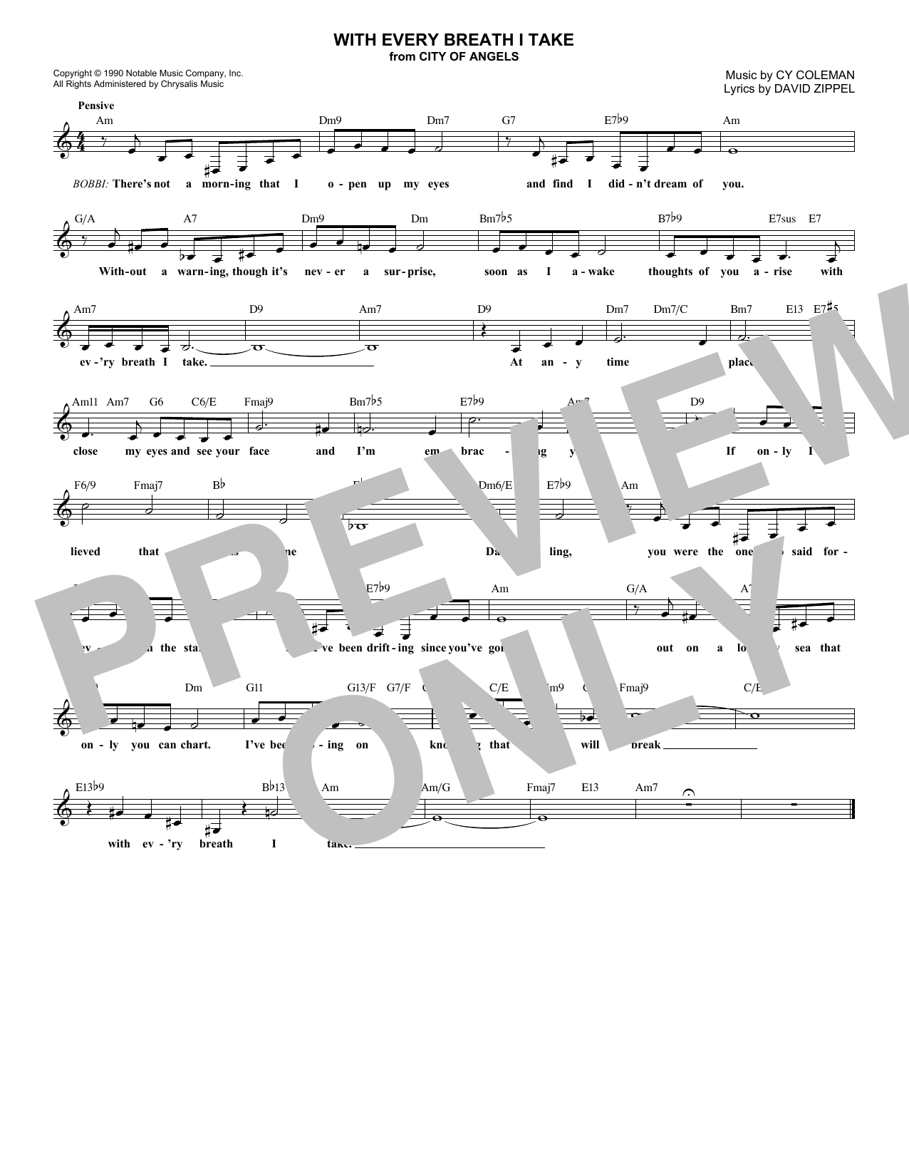 Download David Zippel With Every Breath I Take Sheet Music and learn how to play Melody Line, Lyrics & Chords PDF digital score in minutes